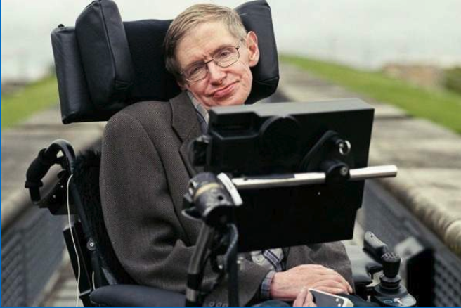 Stephen Hawking in wheelchair with assistive device